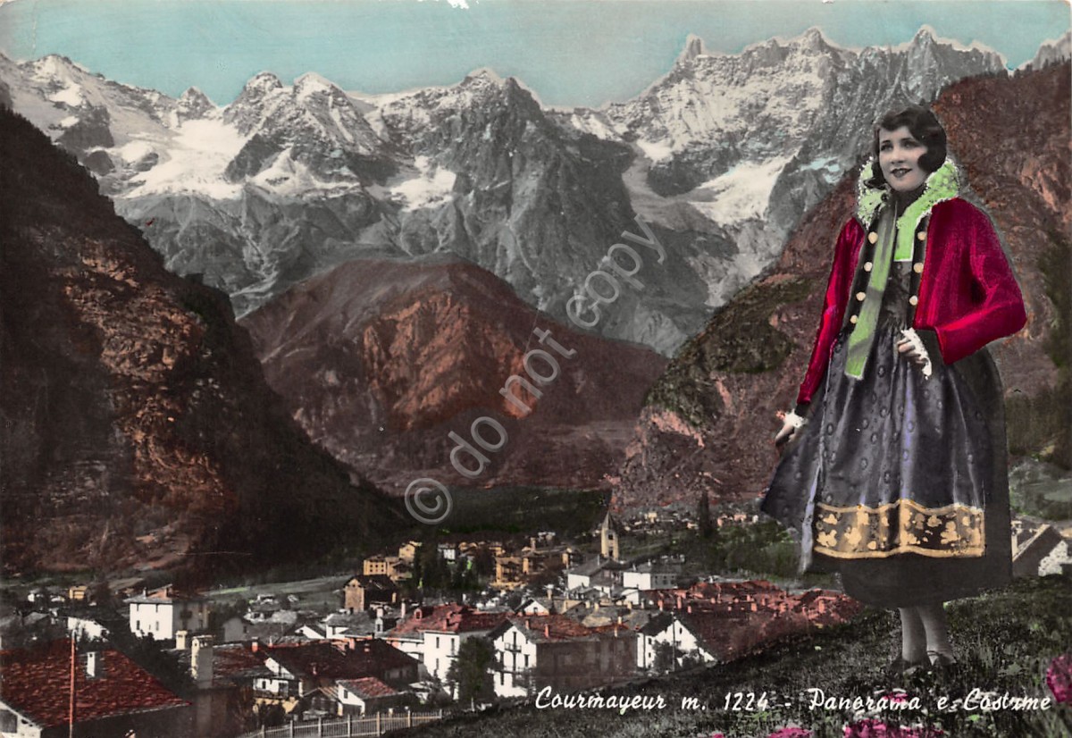 Cartolina Valle d''Aosta Courmayeur costume tradizionale femminile panorama 1959