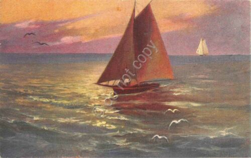 Cartolina Tramonto con barca a vela 1912 illustrata