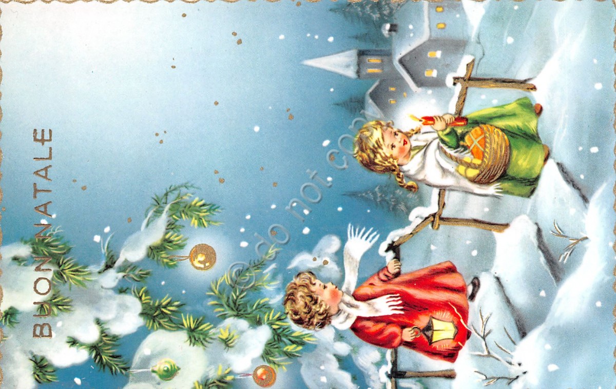 Cartolina Augurale Buon Natale bambini neve bordo oro (Augurali)