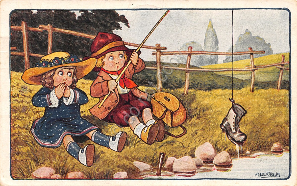 Cartolina Bertiglia illustrata bambini con canna da pesca 1929 (Illustratori)
