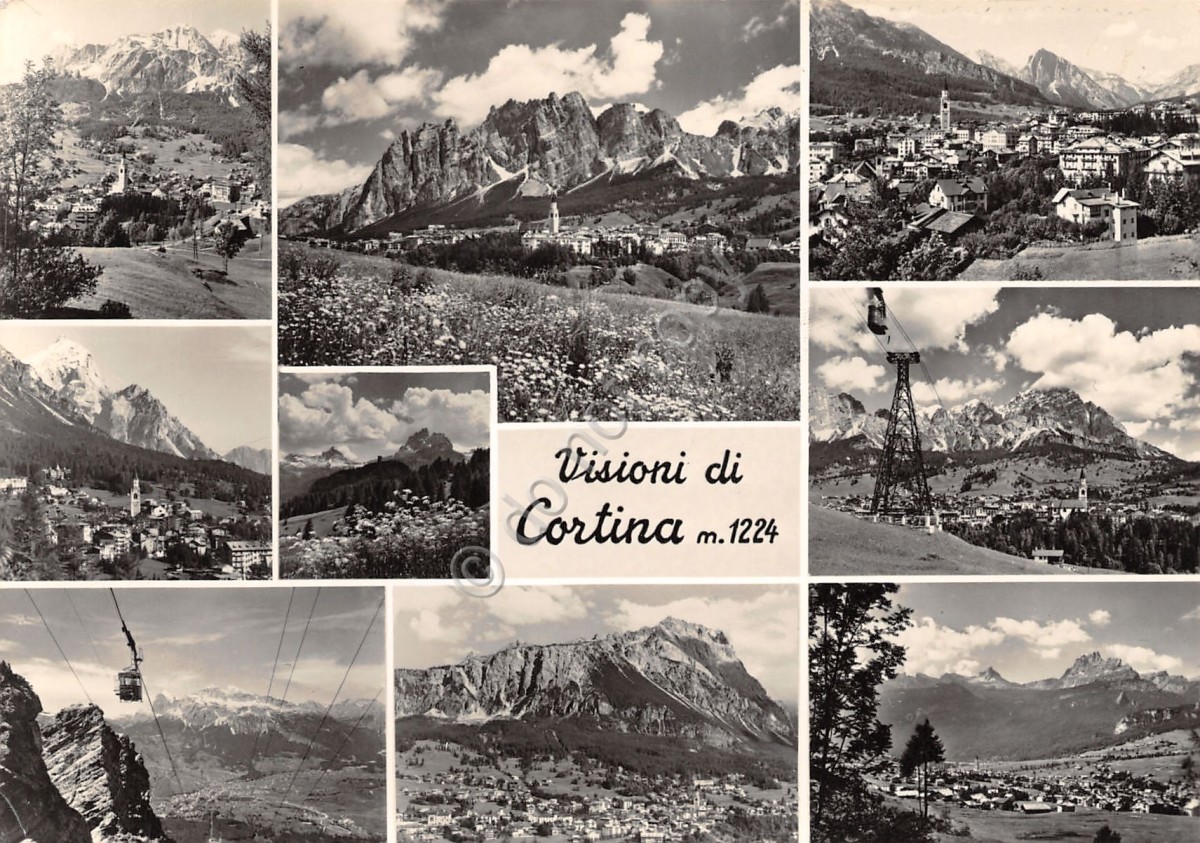 Cartolina Cortina vedute varie funivia paese Timbro Hotel Villa Argentina 1964 