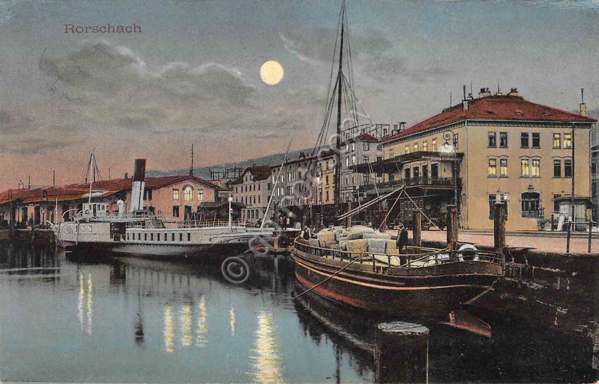 Cartolina Rorschach illustrata porto barche 1911 (Paesaggistiche estere)