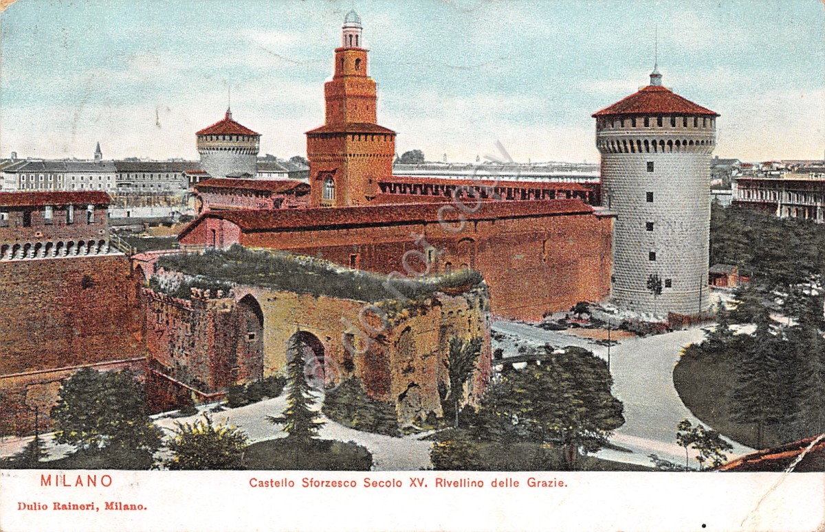 Cartolina Milano Castello Sforzesco illustrata 1900 circa