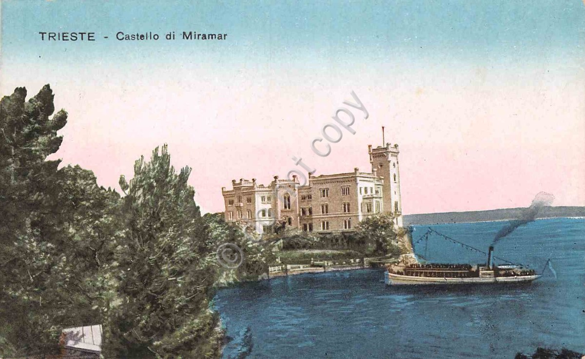 Cartolina Trieste Castello di Miramare con battello illustrata anni ''30