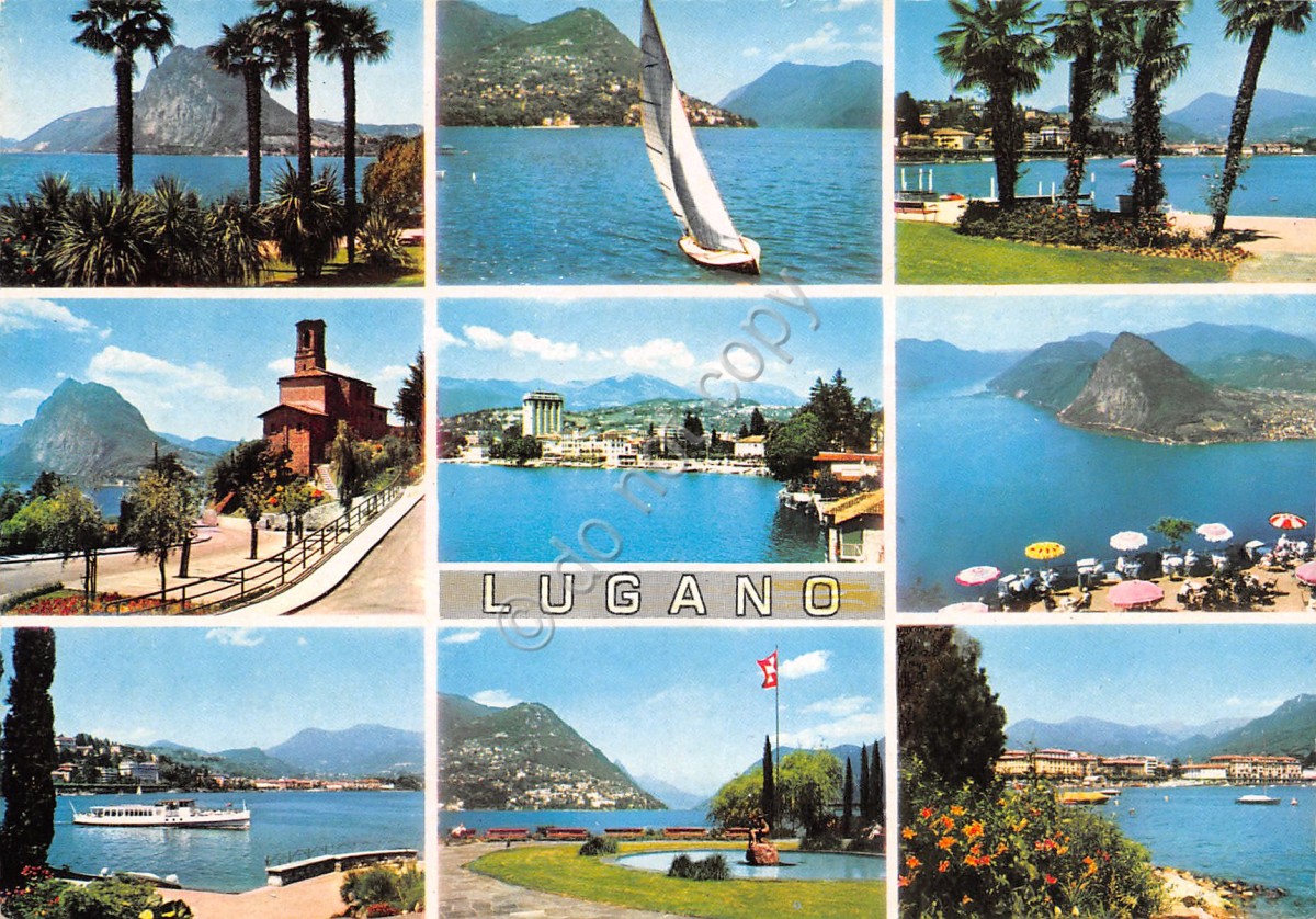 Cartolina Lugano vedute varie lago e panorama Timbro Lugano con palme (Paesaggistiche estere)