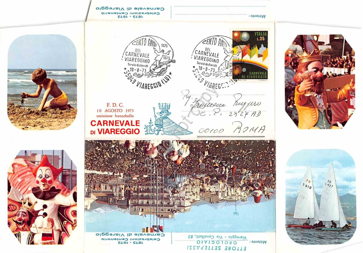 Cartolina Viareggio Carnevale pieghevole FDC 10 Agosto 1973 Settepassi orologiai (Lucca)