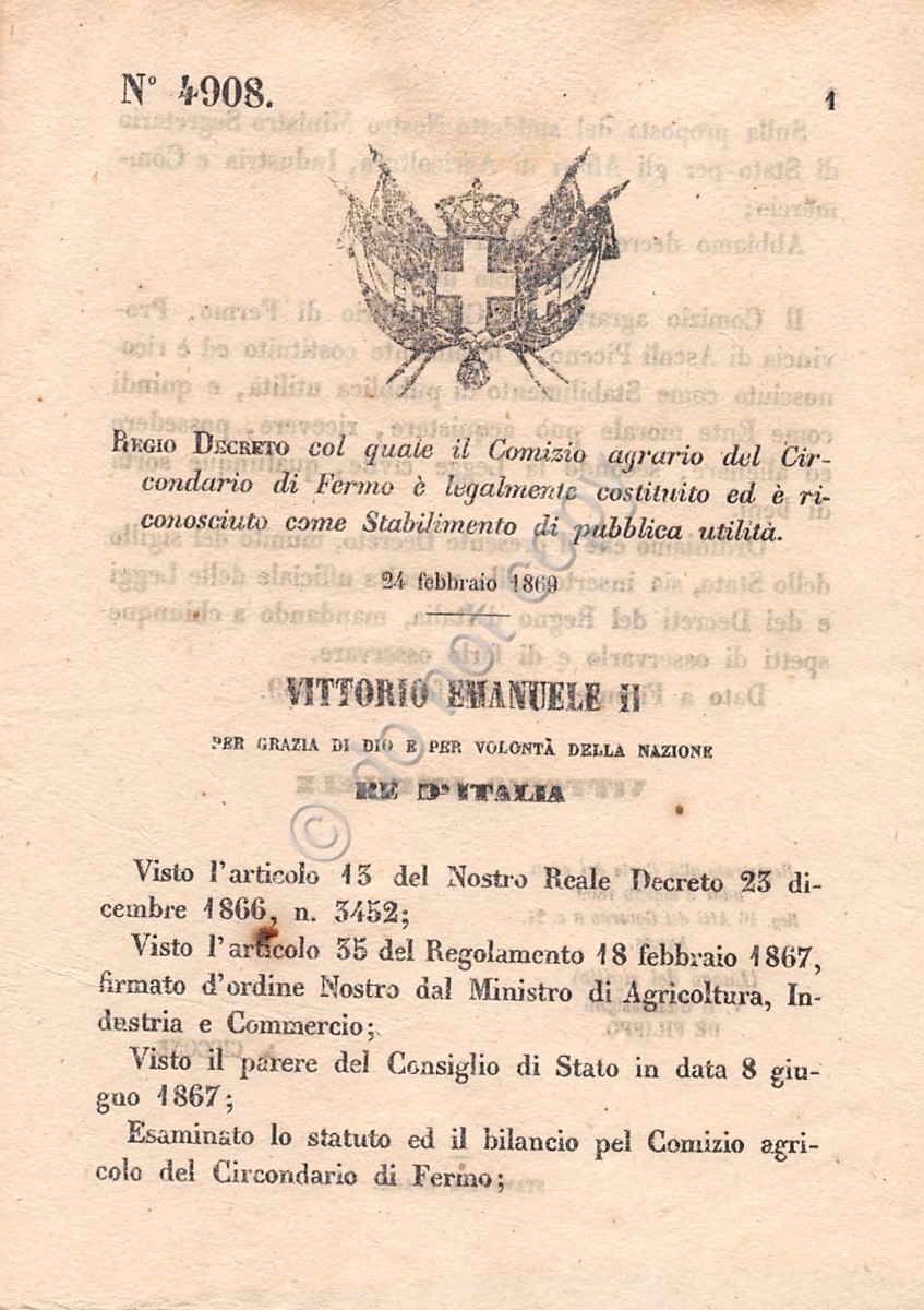 Regio Decreto 1869 Comizio agrario di Fermo Stabilimento pubblica utilità 4908