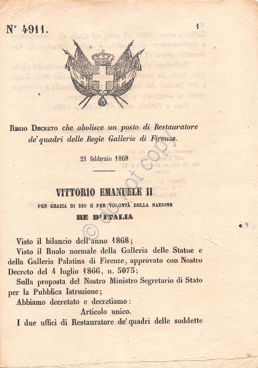 Regio Decreto 1869 Gallerie di Firenze Restauratore dei quadri 4911