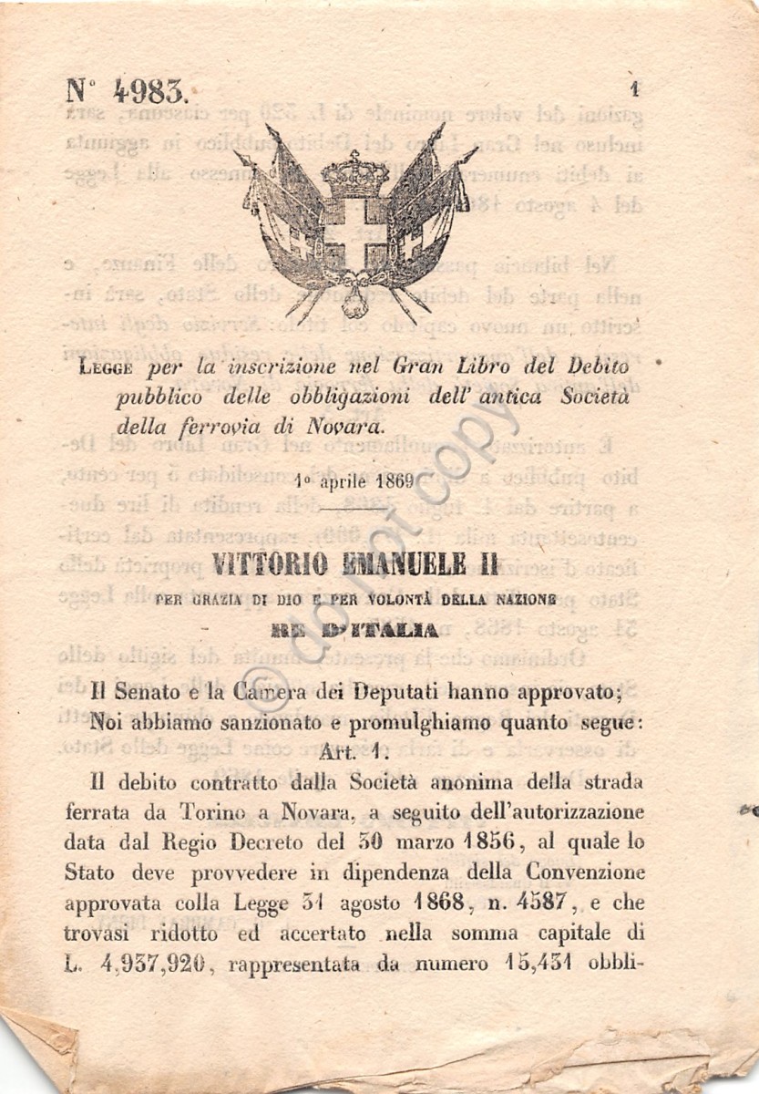 Regio Decreto 1869 Società Ferrovia di Novara Gran Libro debito pubblico 4983