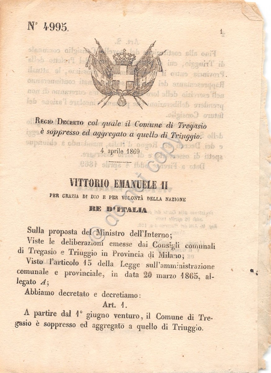 Regio Decreto 1869 Comune Tregasio aggregato a Triuggio 4995
