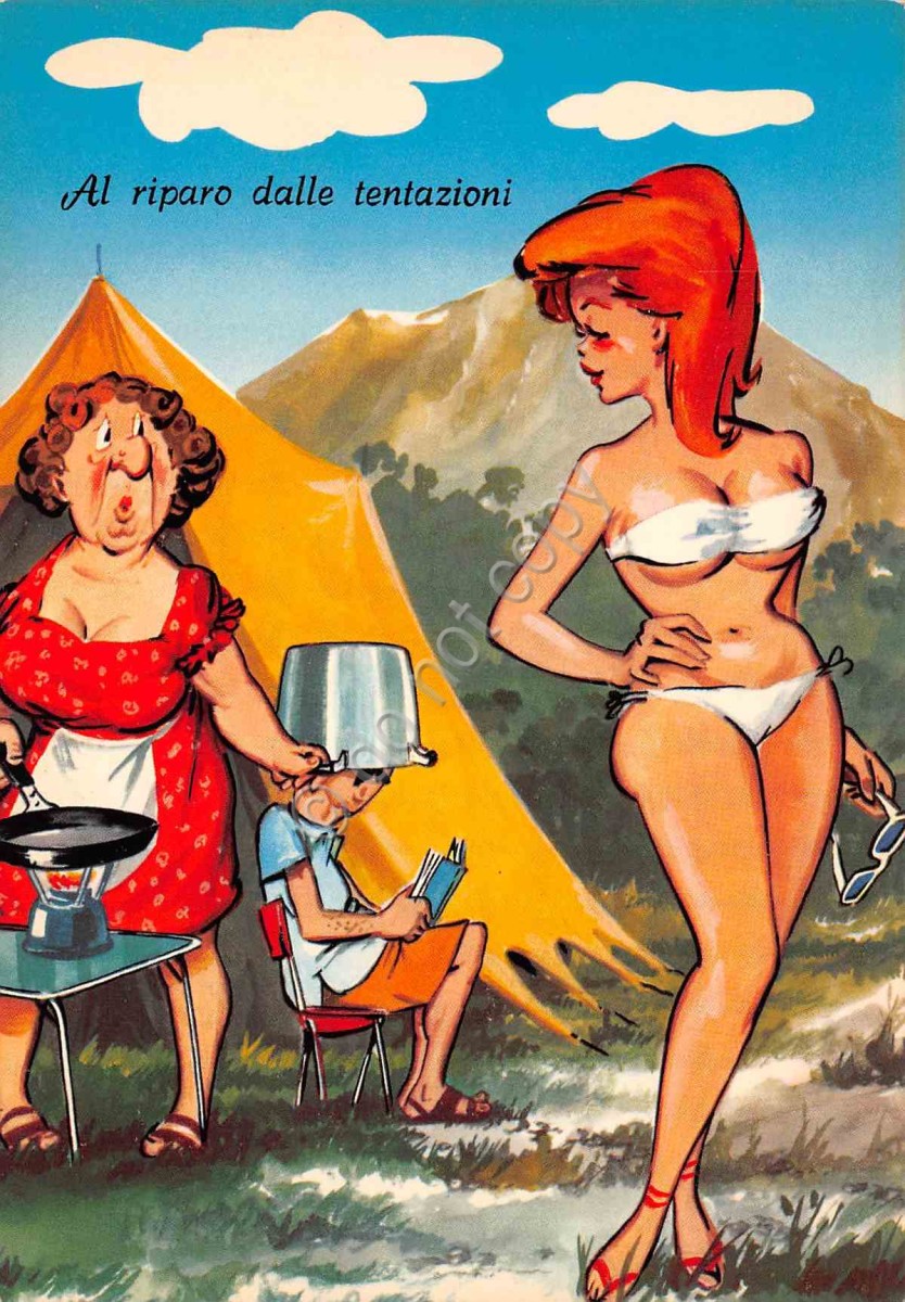 Cartolina umoristica Al riparo dalle tentazioni donna in bichini e donna cuoca (Altre tematiche)