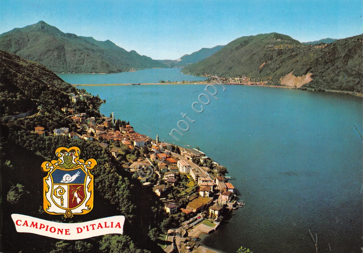 Cartolina Campione d''Italia Ponte di Melide Lago di Lugano Stemma Campione (Como)