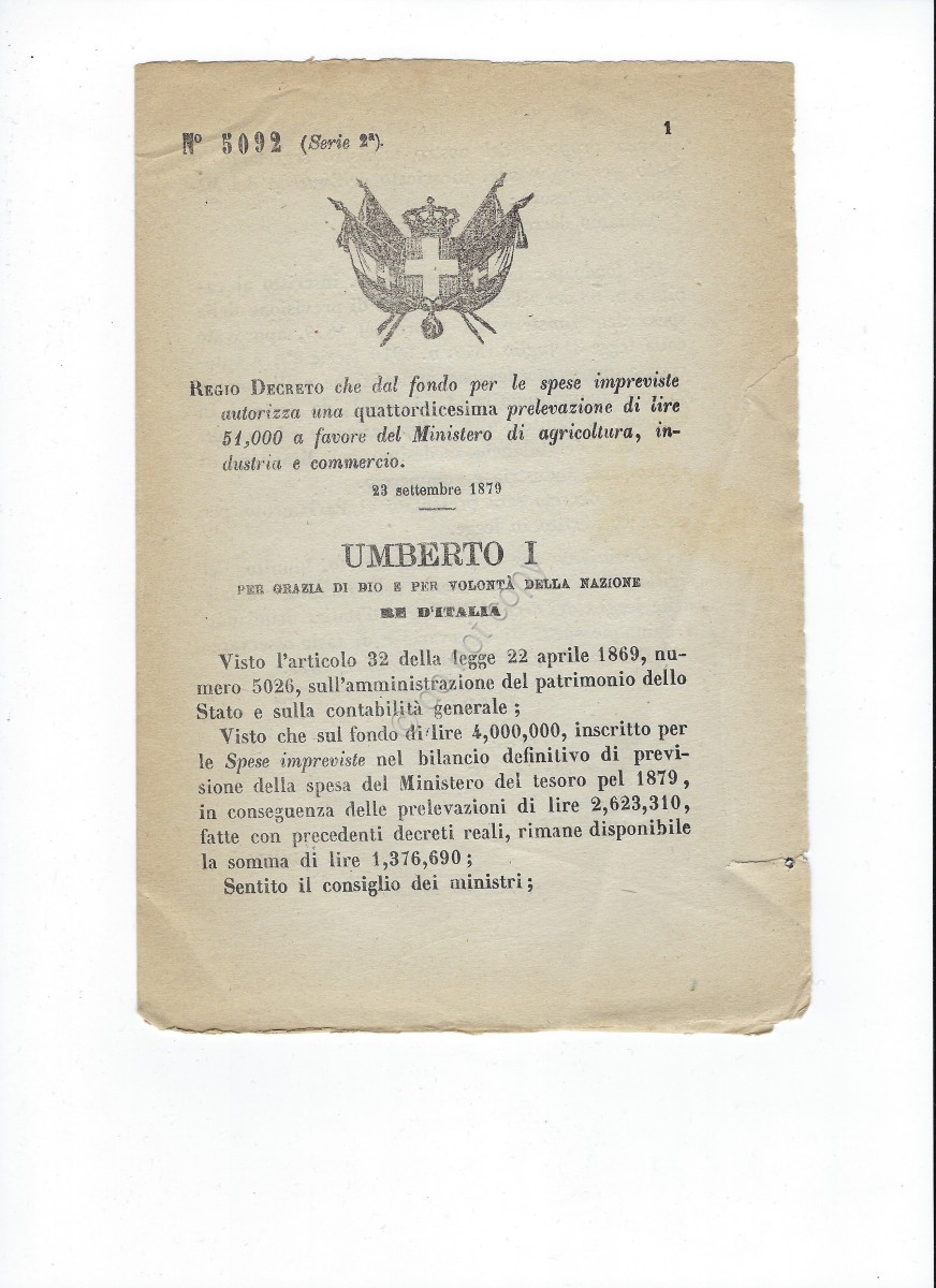 Regio Decreto 1869 Ministero Agricoltura Industria Commercio prelevazione 5092