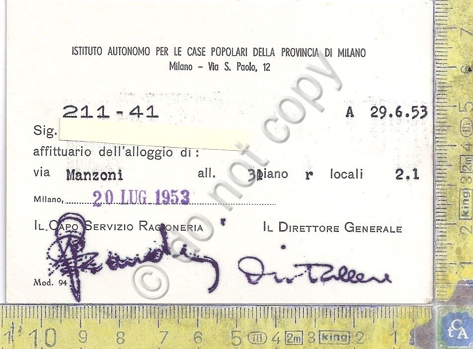 Tessera - Istituto Case Popolari - Milano - Via Manzoni - 1953