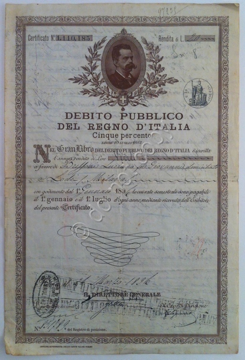 Debito Pubblico Regno Italia - Legge del 10 Luglio 1861 - Rendita Lire 20 - 1896