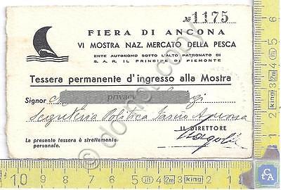 Fiera di Ancona - VI Mostra della Pesca - Tessera Ingresso Permanente - 1940