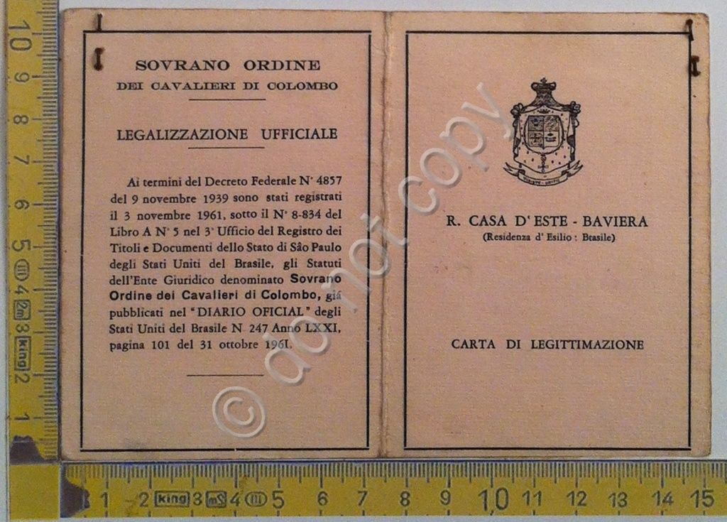 Carta di legittimazione - Sovrano Ordine dei Cavalieri di Colombo - 1966