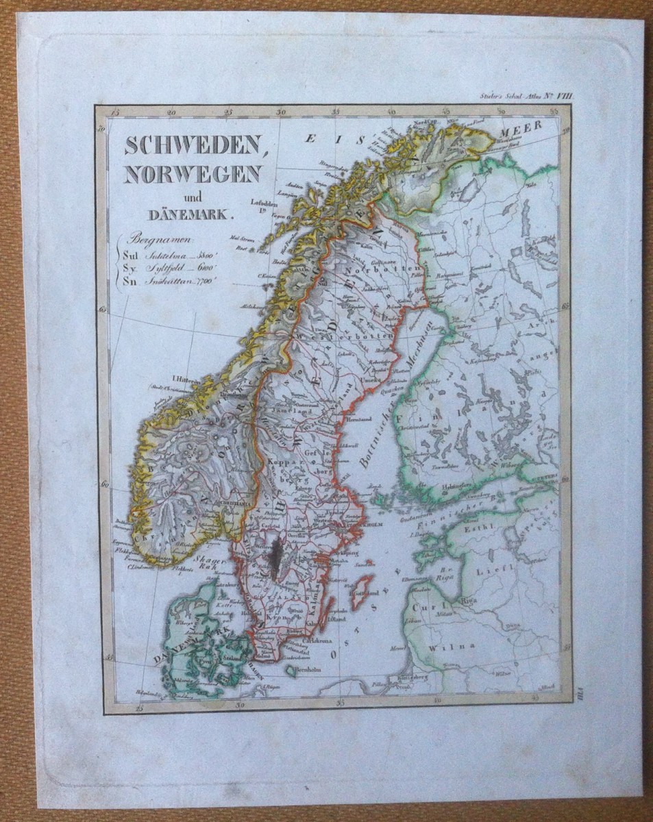 Litografia - Cartografia -Stieler's Sckul Atlas n° VIII Schweden Norwegen - 1800
